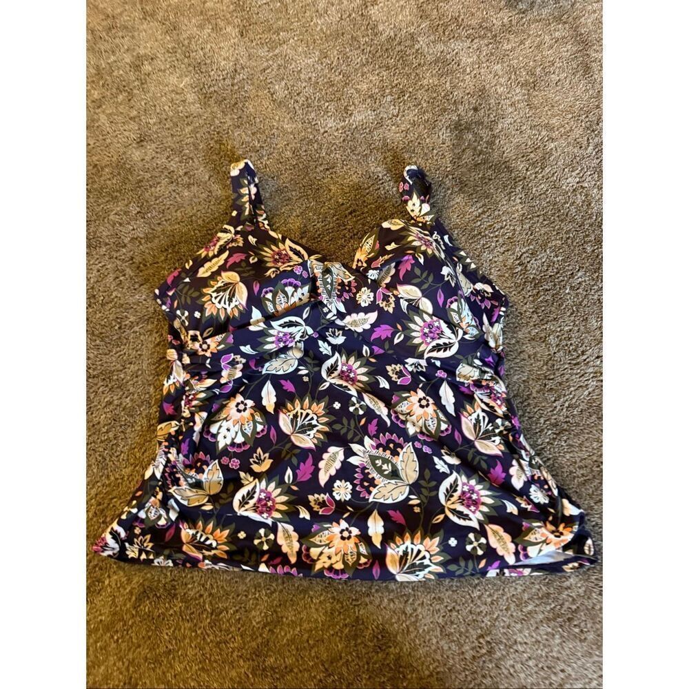 Lands’ End Floral Blouson Tankini Top Navy Multicolor Swimwear Women’s SZ 22W 2X